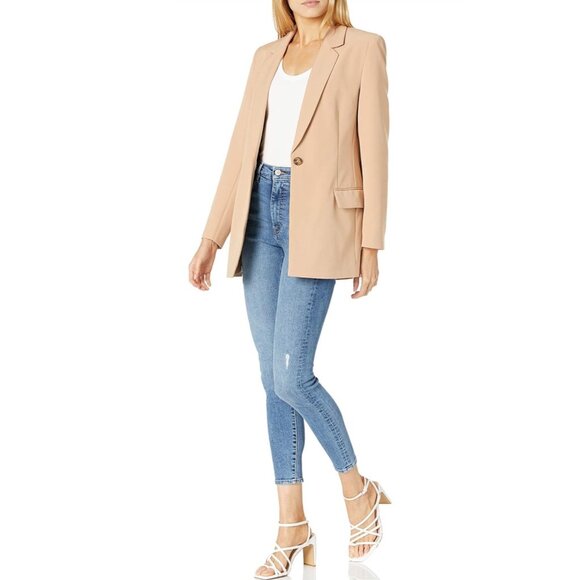 Womens Tan Long Sleeve Blazer Jacket Single Button Closure - Picture 3 of 3